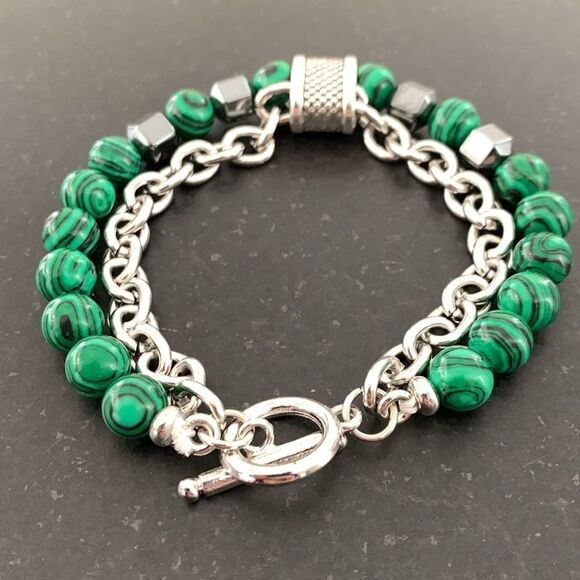Women’s Malachite Green & Hematite Double Strand Beaded Bracelet with Chain - Picture 6 of 10
